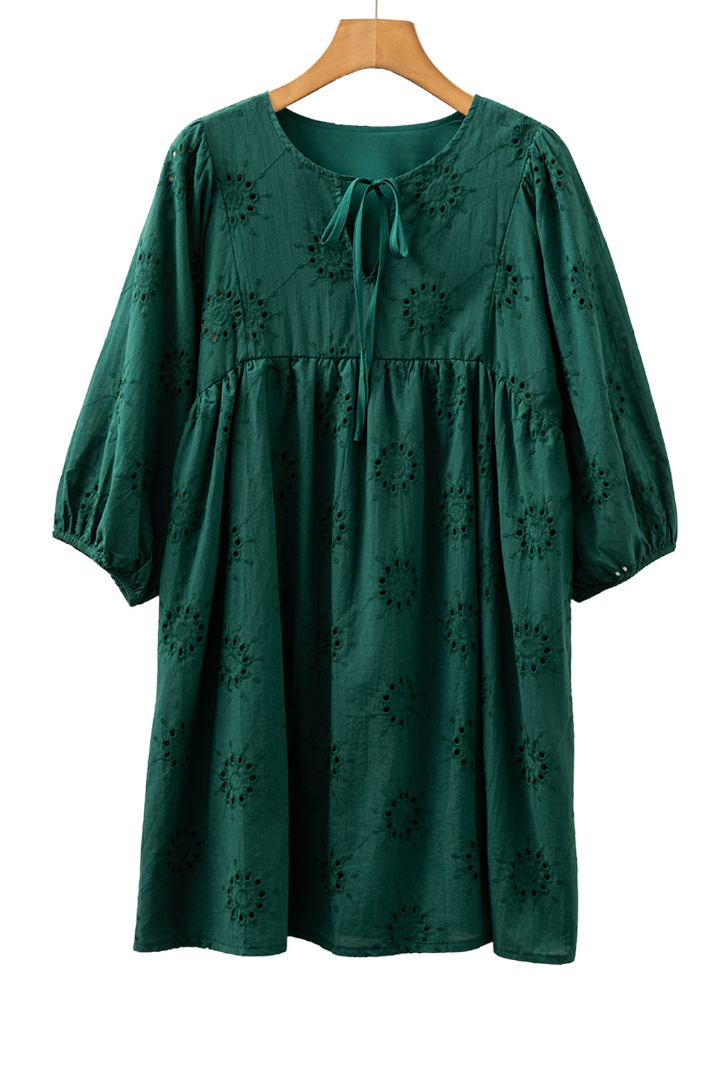 Blackish Green Eyelet Embroidered Swing Dress Puff Sleeve Dear-Lover Dropshipping